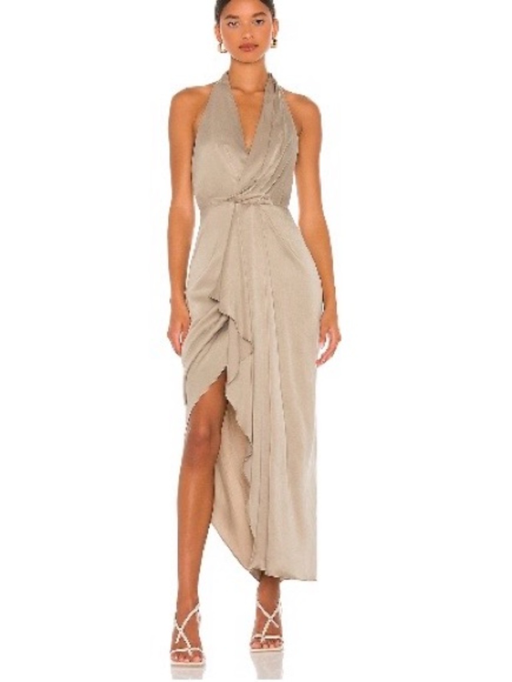 Sleeveless Halter High-Low Wrap Dress in Taupe